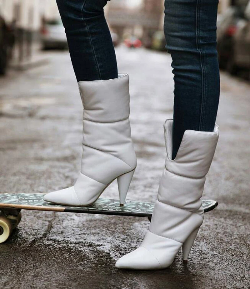 New spike high heels snow boots women pointed toe mid calf slip on winter shoes white black runway lady party dress boots