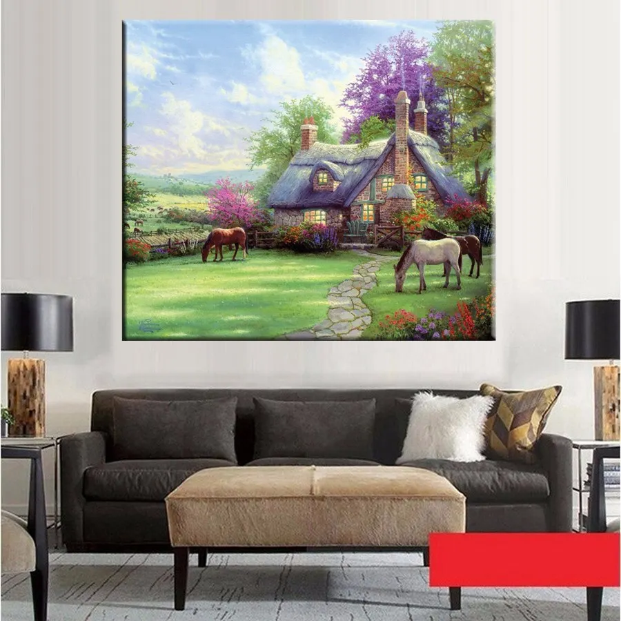 Лошадь цветок сад пейзаж настенное искусство солнечный свет сказочный коттедж