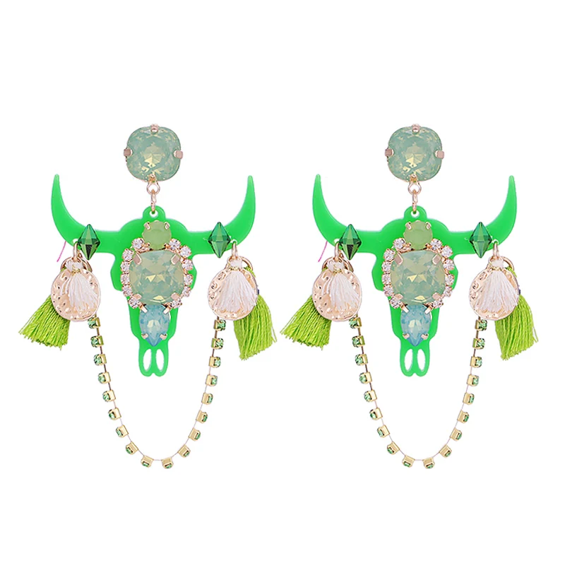 Green Sehuoran, женские серьги-подвески в виде Головы Быка из смолы, богемные Oorbellen, модные вечерние элегантные длинные серьги, ювелирные изделия для ушей - Окраска металла: Green