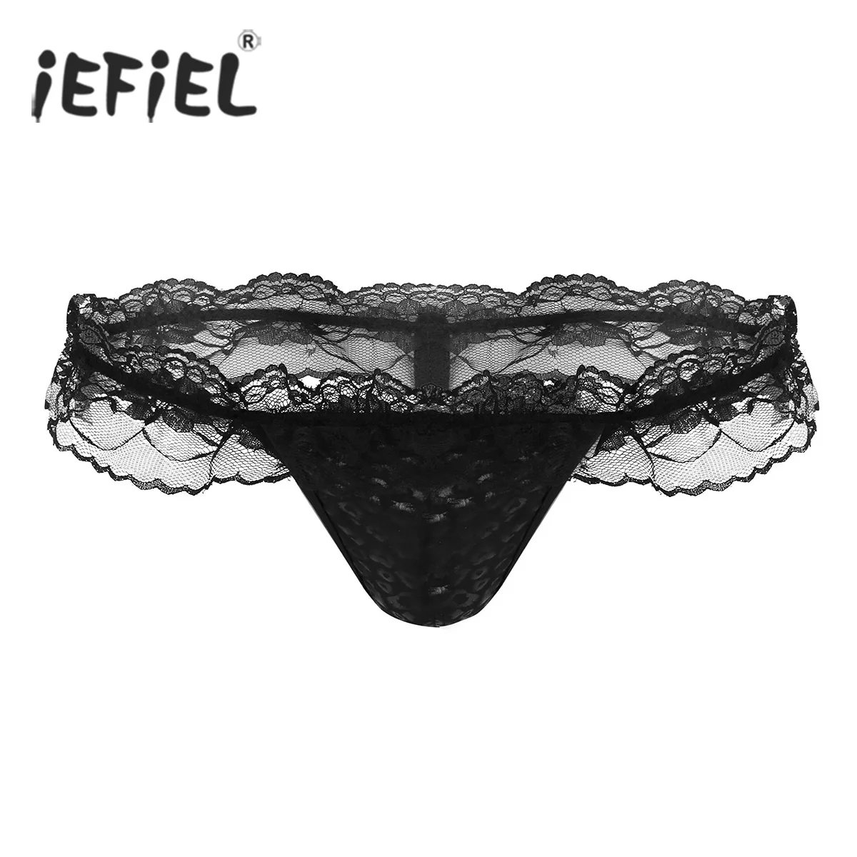 

iEFiEL Mens Thongs Gay Hot Lingerie Panties Low Rise Ruffle Lace Open T Back Bulge Pouch Bikini G-string Underwear Underpants