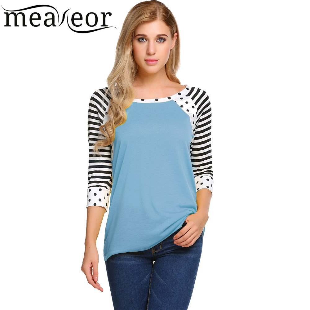 Meaneor Women T Shirt New Fashion O-Neck 3/4 Striped Sleeve Dot Print T-Shirt Pullover Casual Ladies Shirts Female Tee Tops | Женская