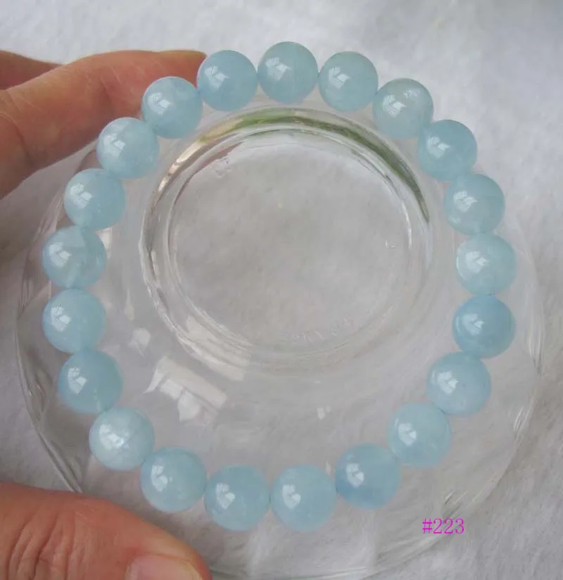 Бесплатная доставка Натуральный аквамарин 10 мм круглые бусины браслет Женские