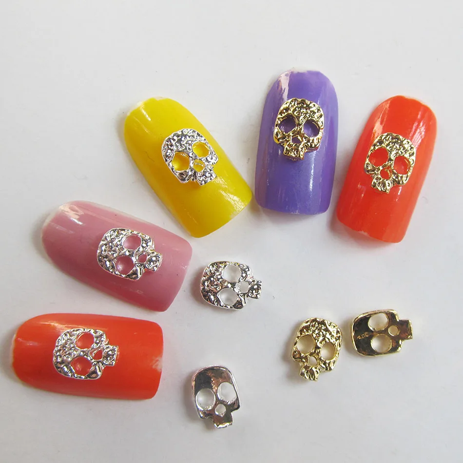 

10pcs Gold Silver Alloy Skull Nail Art New Arrival 2017 Halloween Nails Jewelry 8*6MM F19