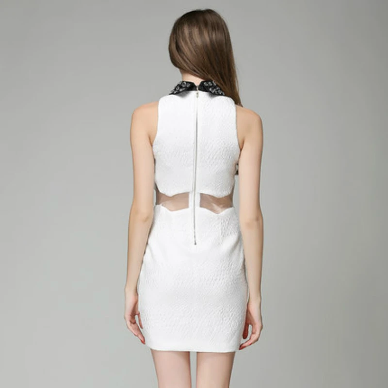 2019 Summer Black White OL Office Work Dress Peter Pan Collar Sleeveless Mini with Diamond Mesh Patchwork Ladies Dresses | Женская
