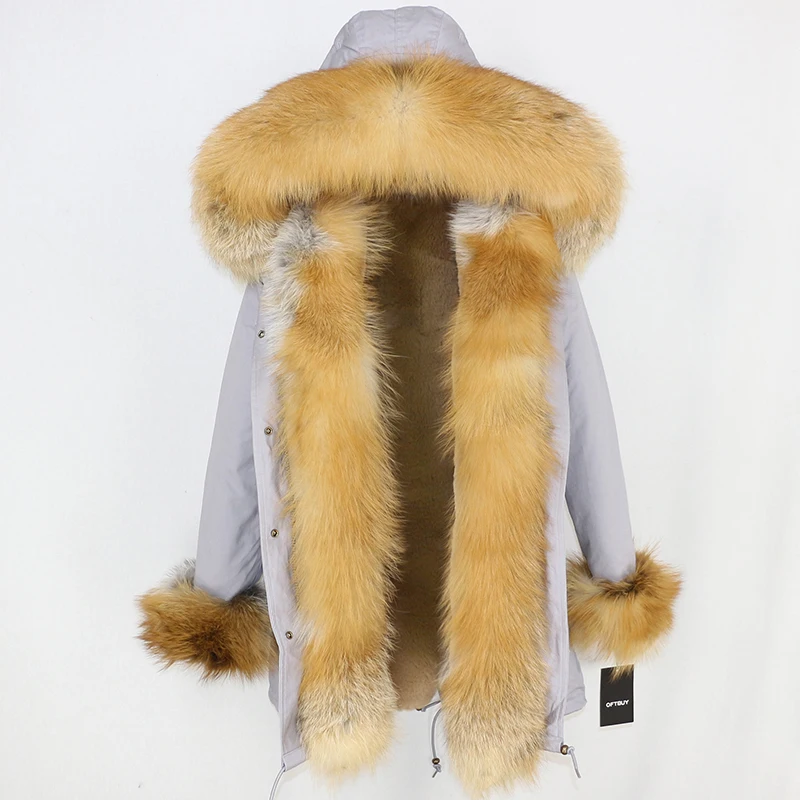 grey gold F OFTBUY,, настоящая лисица, пальто, зимняя куртка, Женская длинная парка, натуральный Лисий мех, отделка, капюшон, брендовая парка, толстая, теплая, уличная одежда, съемная - Цвет: grey gold F