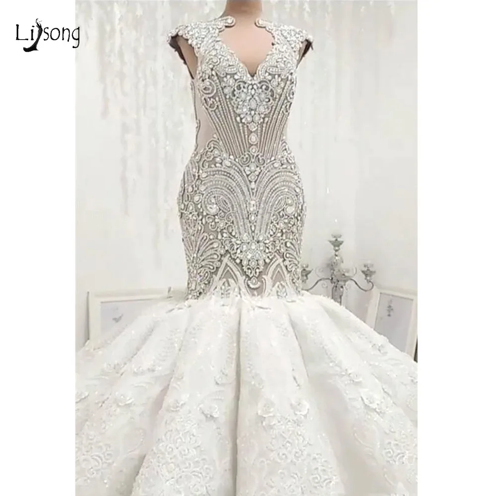 Luxury Sparkle Crystal Mermaid Wedding Dresses 2019 Sexy Lace 3D Flower Beaded Dubai Bridal Gowns Sexy Plus Size See Thru Back