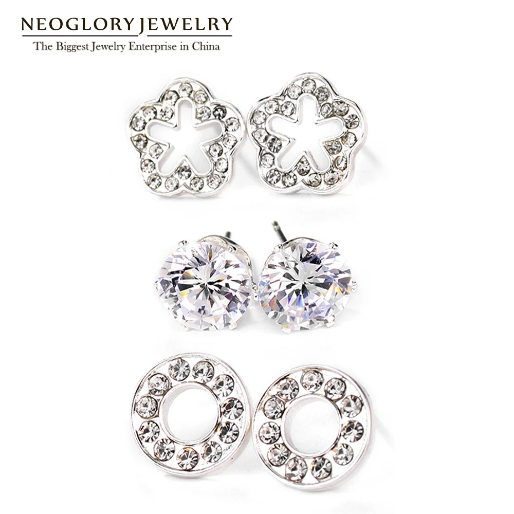 Серьги гвоздики Neoglory стразы маленькие три пары набор белых цветов для женщин