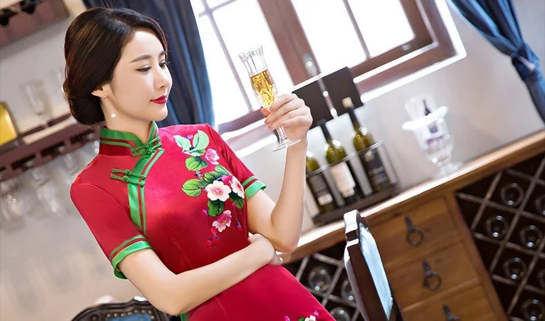 Cheongsam qipao платье для женщин длинное винтажное традиционное современное официальное китайское платье Дамское размера плюс с вышивкой стиль красный