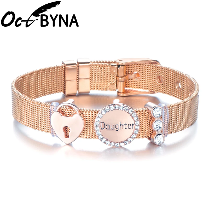 Octbyna DIY браслет из нержавеющей стали стразы сердце замок дочь сетчатый Браслет