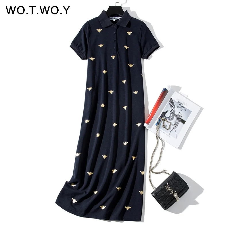 Blue WOTWOY Bee Print Long Knee-Length Shirt Dresses Women Casual Turn-down Polo Straight Dress Female Pockets Cotton Clothes - Цвет: Blue