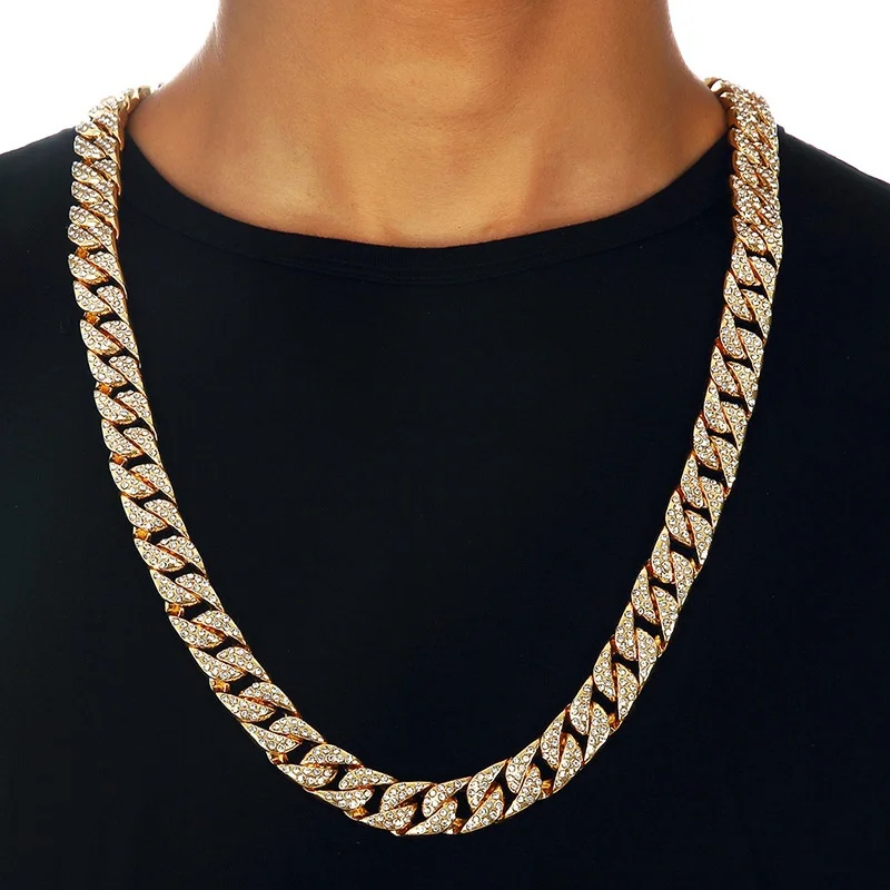 

18-30" Miami Curb Cuban Chain Necklace For Men Gold Silver Plated Hip Hop Iced Out Rhinestones Cz Rapper Necklace Man Jewelry
