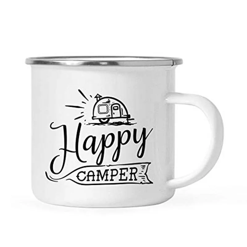 Белый Походная кофейная кружка из нержавеющей стали, подарок, счастливый кемпер, день рождения, Рождество, на открытом воздухе, металлическая эмалированная чашка для костра - Цвет: Белый