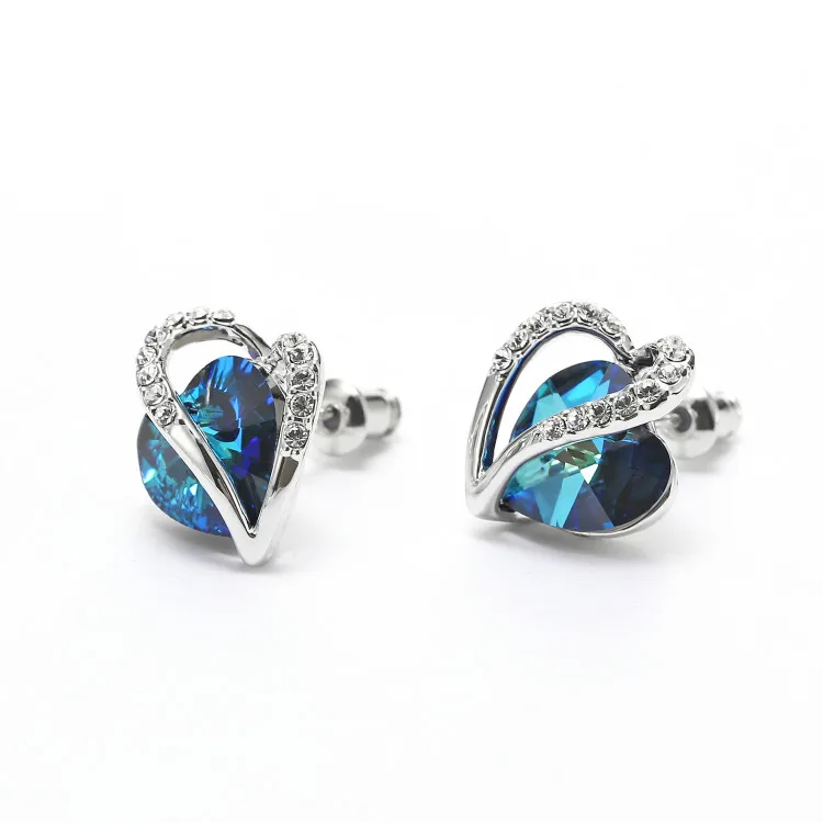 Ювелирный Набор для женщин с кристаллами Swarovski, ожерелье с подвеской в виде сердца из голубого хрусталя, серьги-гвоздики, подарочный набор