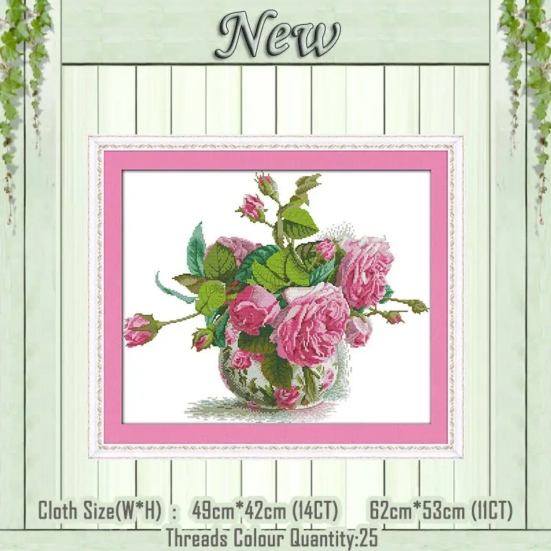 Romantic pink rose Корзина розы в вазе Цветочная живопись Счетный напечатанный на холсте DMC 11CT 14CT наборы DIY Вышивка крестиком набор для рукоделия - Цвет: Romantic pink rose