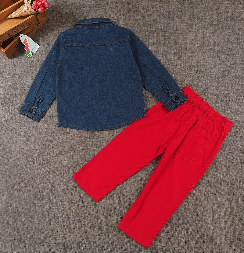 2PCS/3-8Years/2017 Spring Autumn Baby Boys Suits Toddler Clothes Casual Denim Shirt+Red Pants+Tie Children Clothing Sets BC1398 |