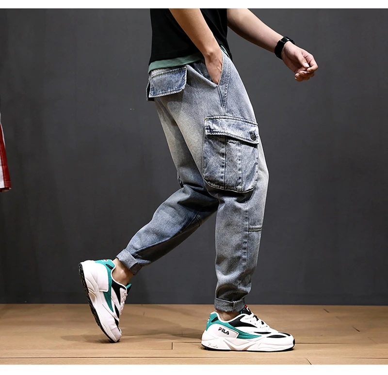 Японский стиль, модные мужские джинсы с большими карманами, джинсовые брюки-карго, шаровары, свободный крой, маленькие ноги, уличная одежда, хип-хоп джинсы для мужчин