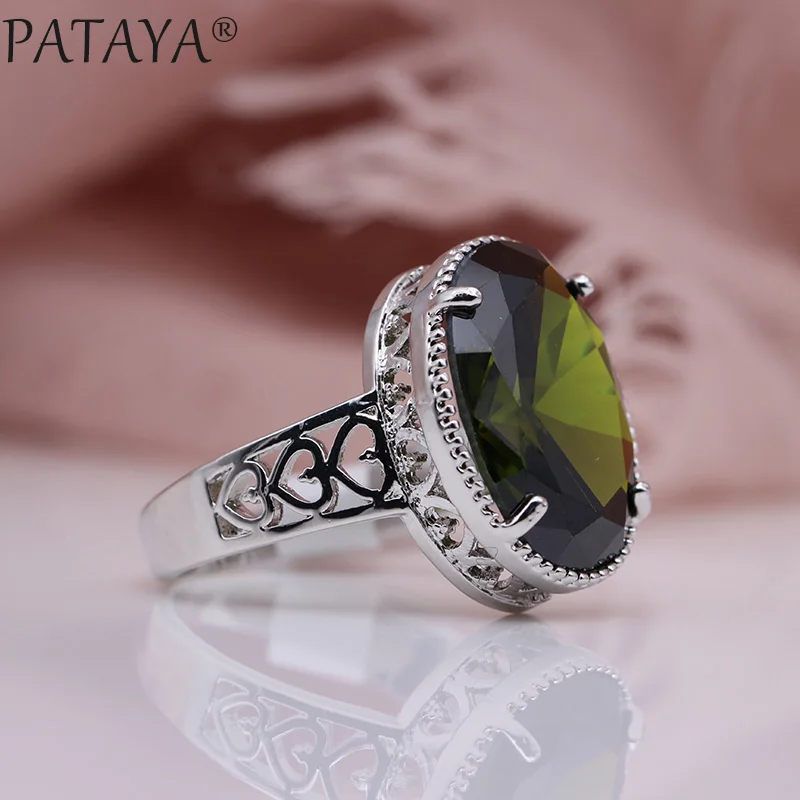 PATAYA, новинка, женские модные кольца для любви, белое золото, Овальный зеленый натуральный циркон, для свадьбы, вечеринки, разные цвета, полые, уникальные ювелирные изделия - Цвет основного камня: Olive Green