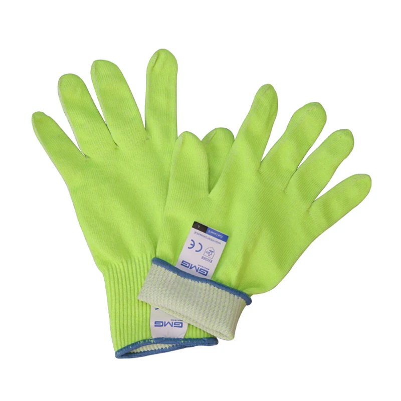 Тонкие мягкие GMG Hi-Vis желтые HPPE со стальным сертификатом CE перчатки для резки рабочие защитные перчатки для защиты от порезов EN388