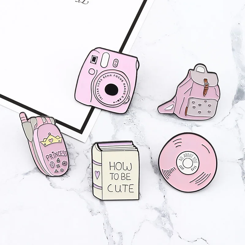 Розовые булавки Рюкзак Книги камера мобильный телефон CD эмаль Pin