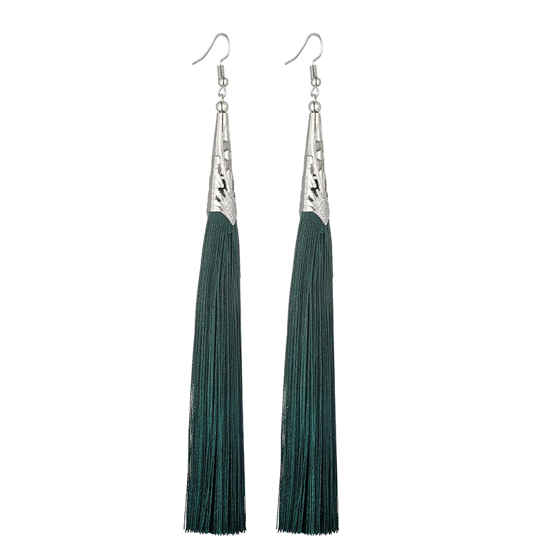 LOVBEAFAS Long Tassel Earrings For Women Fashion Jewelry Boho Drop Fringe Vintage Statement Bohemian Earrings Pendientes - Окраска металла: Blackish Green