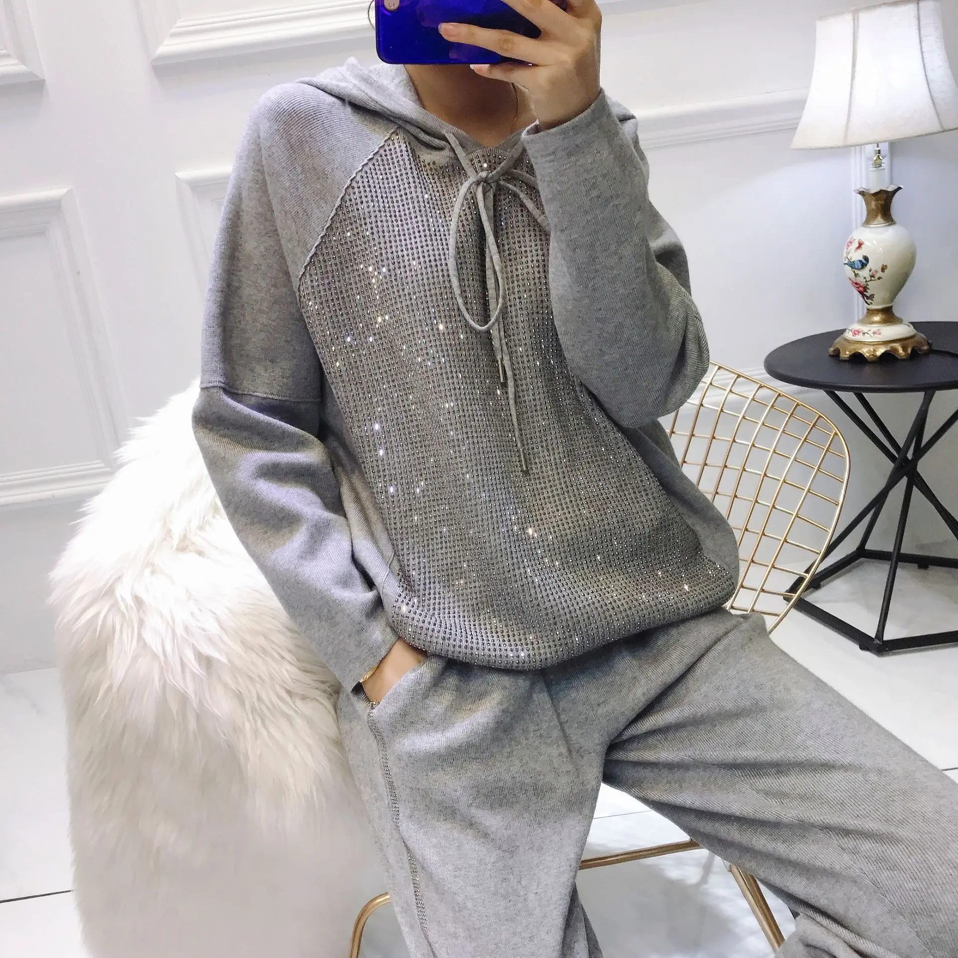 Grey hood Новинка, женский костюм из натурального хлопка с капюшоном и эластичной резинкой на талии, Повседневная модная трикотажная куртка+ брюки, комплект из двух предметов для женщин - Цвет: Grey hood