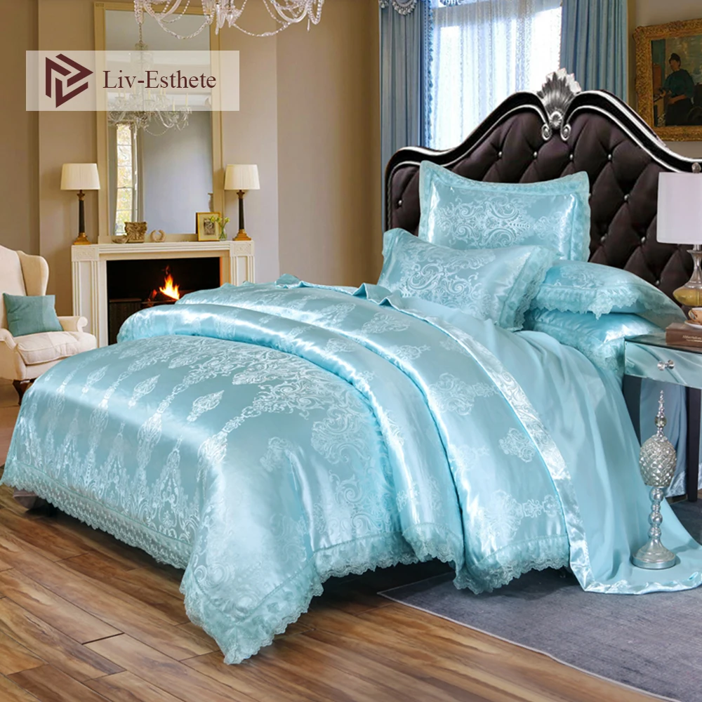 

Liv-Esthete European Luxury Blue Satin Jacquard Bedding Set Lace Silky Duvet Cover Flat Sheet Pillowcase Queen King Bed Linen
