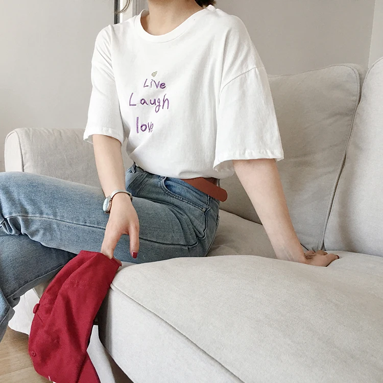 Harajuku женские футболки Ulzzang вышивка письмо Топы Футболка женская мода лето