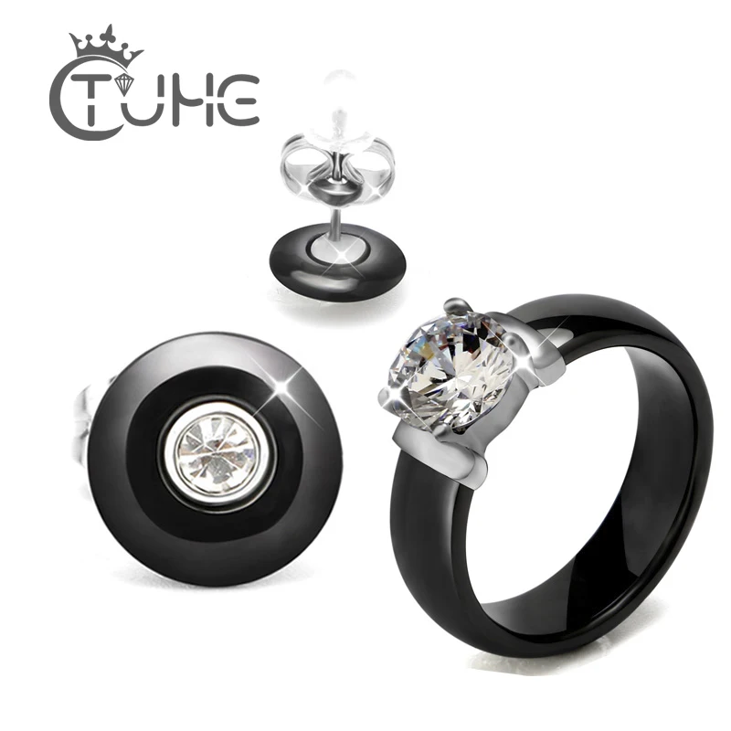 New Fashion Ceramic Jewelry Sets Big Crystal Carat Ring &amp Earrings for Women Black White Wedding Engagement |