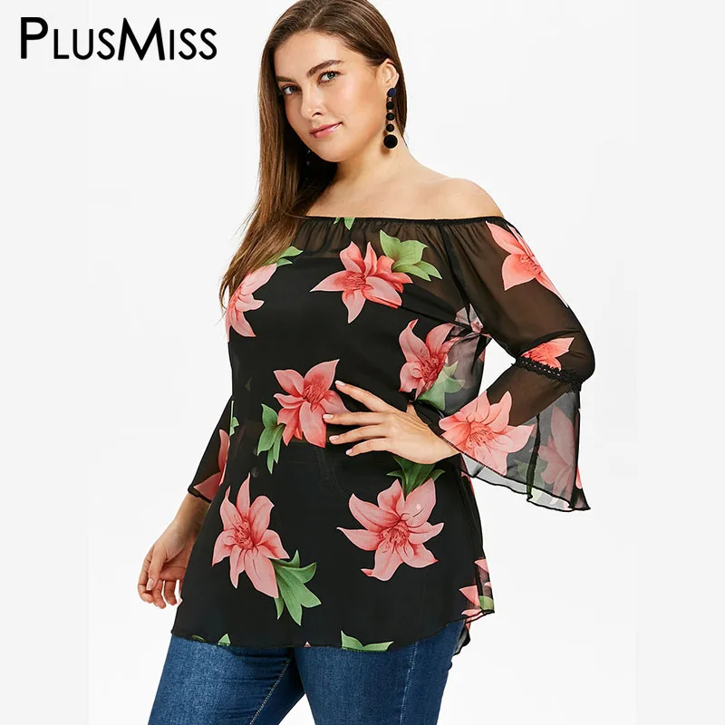 PlusMiss плюс размер 5XL 4XL Лето 2018 Цветочные шифоновые с открытыми плечами женская