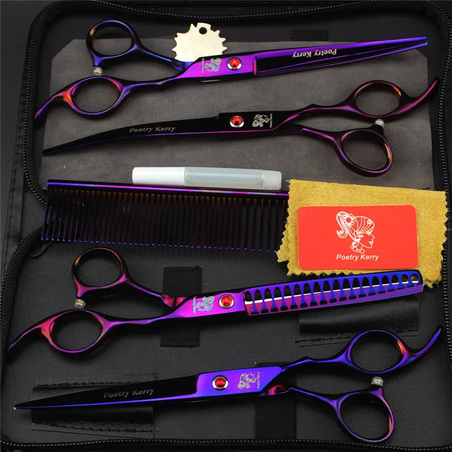 purple 7,0 дюймов профессиональные ножницы для домашних животных, ножницы для стрижки кошек и собак, набор ножницы для резки и изогнутой и акулы, филировочные ножницы со стальным чехлом-гребнем - Цвет: purple