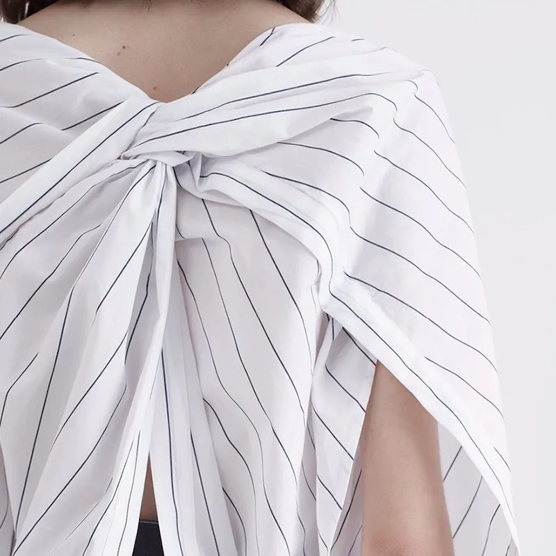 

TWOTWINSTYLE Striped Shirt Womens Slash Neck Patchwork Ruched Irregular Blouse Female Spring Summer Fashion Big Size Clothing