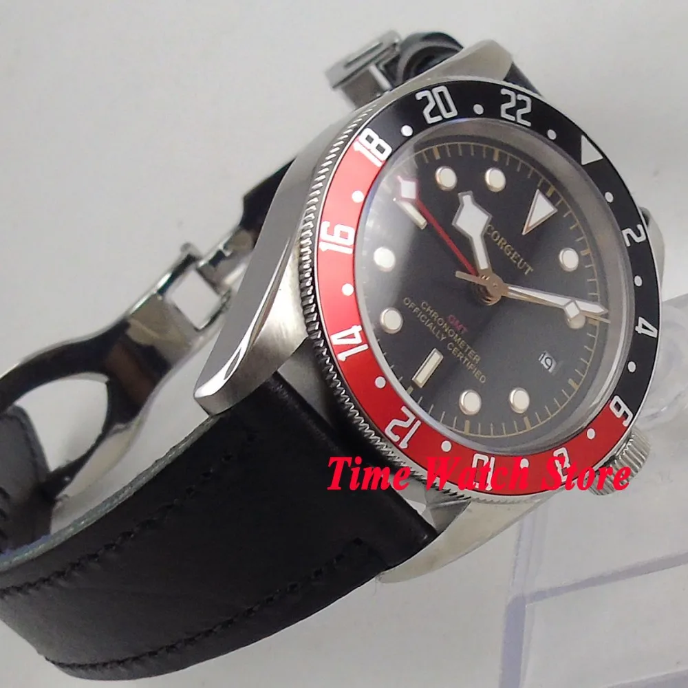 Роскошные качественные мужские наручные часы 41 мм Corgeut GMT, водонепроницаемые, для дайвинга, пилота, кожа, сталь, черный циферблат, красный сапфир, Автоматическая Дата 108