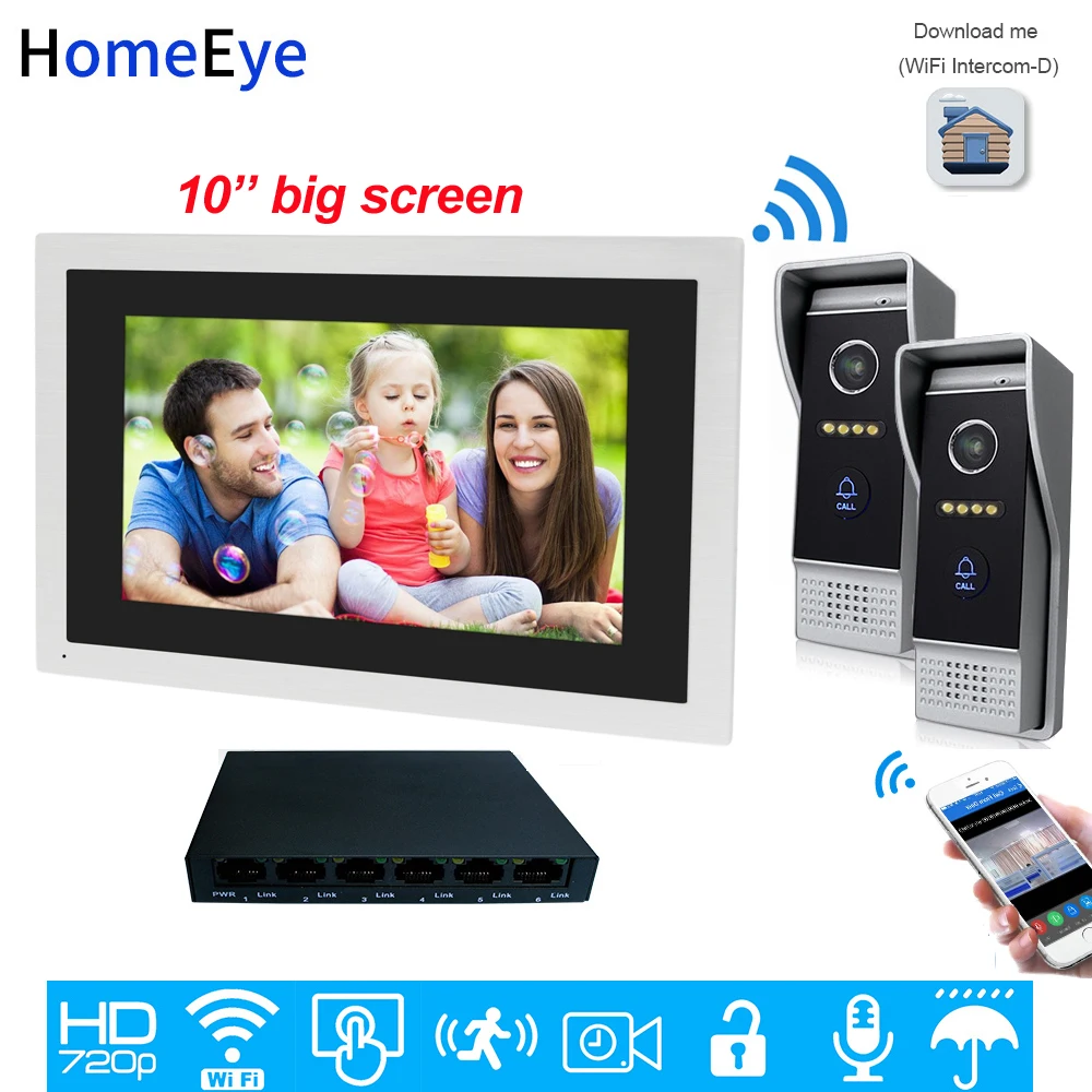 720P HD 10inch Touch Screen WiFi IP Video Door Phone Video Intercom 2 Doors Home Access Control System Mobile App Remote Unlock