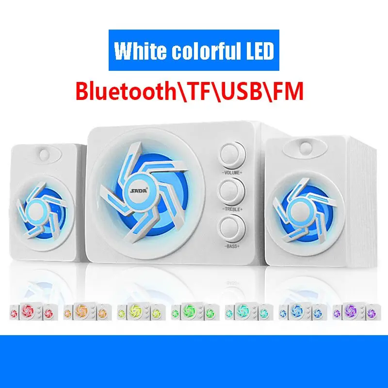 SADA D-219 Bluetooth \ TF \ USB \ FM Функция 2,1 Компьютерная акустическая система с красочным Светодиодный светильник и мощный сабвуфер - Цвет: White colorful LED