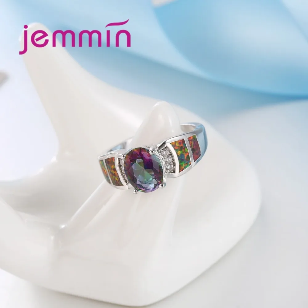 

Luxury Red Fire Opal Rainbow Crystal Rings For Women Fine Bridal Wedding Jewelry 925 Sterling Silver Party Rings