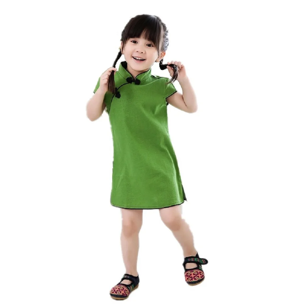 Chinese New Year Baby Girls Chi-Pao Dress Kids Traditional Qipao Candy Solid Children Cheongsam Linen Girl Clothes Jumper Blouse | Детская