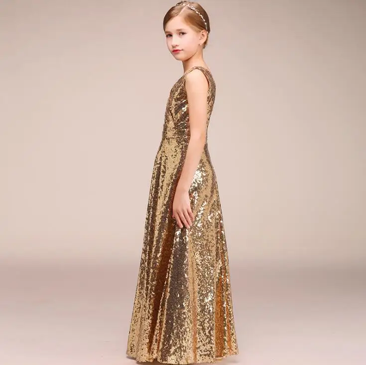 Kids Wedding Dresses Girls Gold Sequin Overall Dress Girl Party Princess Christmas Birthday Clothes for 1-13 year | Детская одежда и