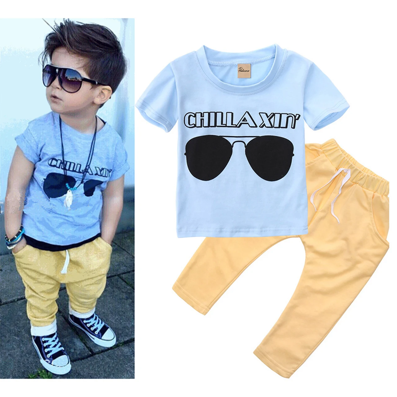Летняя одежда для маленьких мальчиков 2 предмета солнцезащитные очки топы с