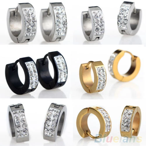 Unisex Punk Rhinestones Inlaid Titanium Steel Ear Studs Hoop Huggie Earrings 4PT5 | Украшения и аксессуары