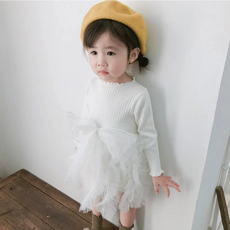 2018 Autumn New Arrival korean style cotton pure color Butterfly Knot princess Long Sleeve Cake dress for cute sweet baby girls | Детская