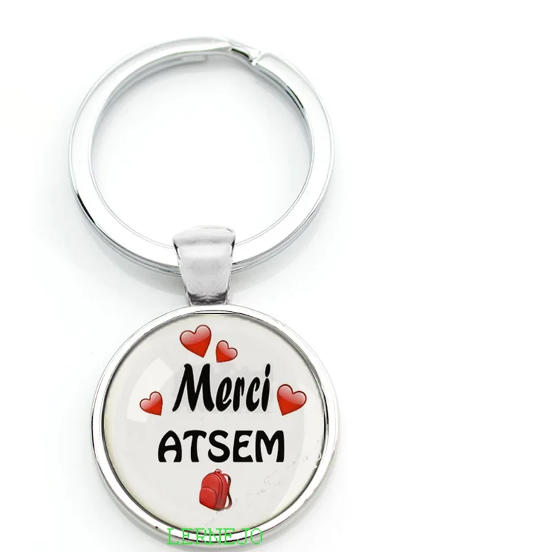 Брелок для ключей Merci ATSEM Porte-clés Porte-clefs Cabochon en verre Badge bonnes vacances Cadeau Une idée cadeau pour ATSE |