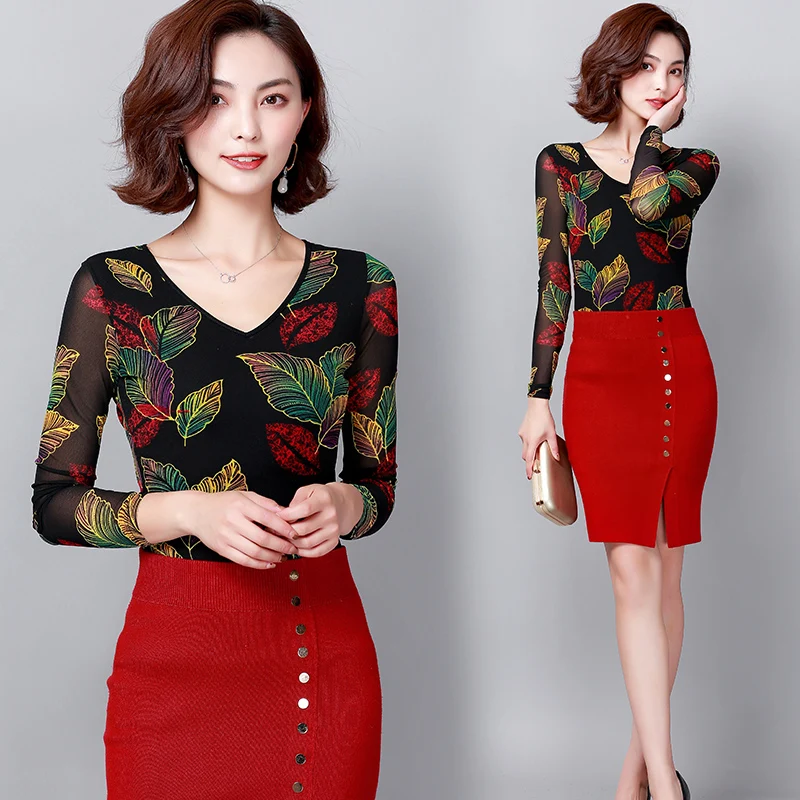 

Lace Long Sleeve V-neck Lady Tops Plus Size and Mesh Women Fashion Blouse 2021 Spring New Elegant Women Bottoming Shirt 2832 50