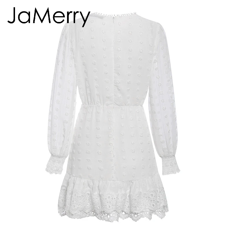 JaMerry винтажное Сексуальное Белое Кружевное короткое платье, женское длинное платье с рукавами-фонариками в горошек, женское роскошное тонкое вечернее мини-платье vestidos