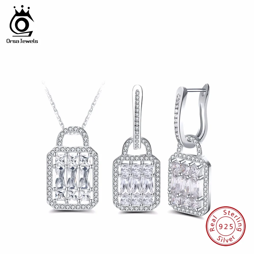 ORSA JEWELS Настоящее серебро 925, Женские Ювелирные наборы из стерлингового серебра AAA кубический циркон, трендовая форма замка, юбилейное ожерелье, серьги, набор SS05