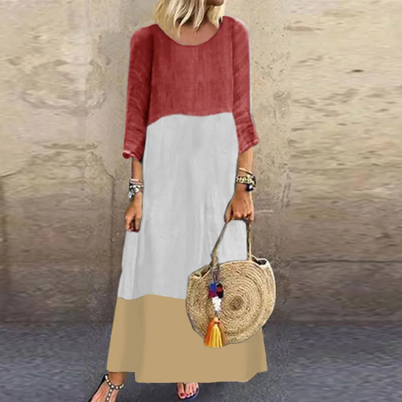 Long Sleeve Red VIEUNSTA 5XL Summer Print Patchwork Long Party Dress Women Vintage Short Sleeve O-Neck Beach Dress Sexy Plus Size Female Dresses - Цвет: Long Sleeve Red