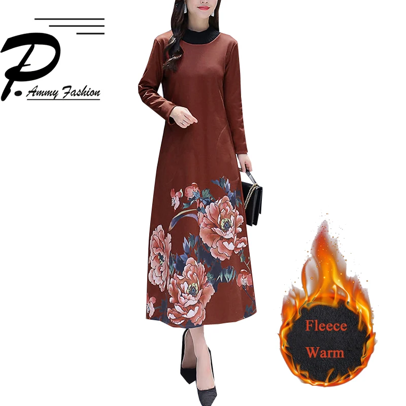 Retro chinese style print dress 2018 winter new plus velvet thickening temperament women fashion warm size M~4XL | Женская одежда