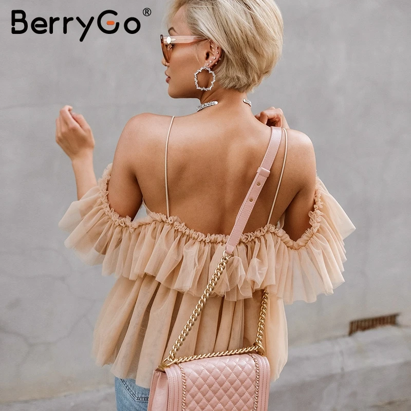 Женская блузка с оборками BerryGo сетчатая V-образным вырезом и открытыми плечами