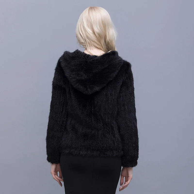 Real Mink Knitted Coat  Fashionable Fur Coat With Chinese Fur Winter Jacket Womens Fur Coat With Lining Hooded Black Coat