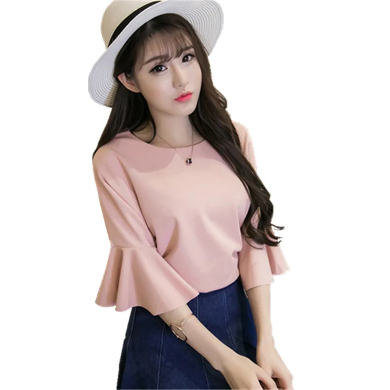 Fashion Flare Sleeve Chiffon Shirt Korean Pure Color Plus Size Shirts O-neck Short Blusas Summer Women's Tops and Blouses |
