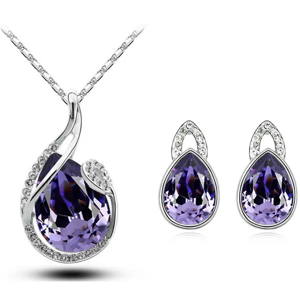 purple Новое поступление, фирменный дизайн, Свадебные Ювелирные наборы из белого золота с австрийскими кристаллами в форме капли воды, модное ожерелье, серьги 80046 - Окраска металла: purple